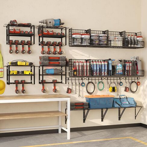 Power Tool Organizer Wall Mount - Multifunctional Garage Organization with Hanging Hooks and Baskets, Wall Shelving Drill Holder, Gift for Man Storage Rack, Black in Kuwait