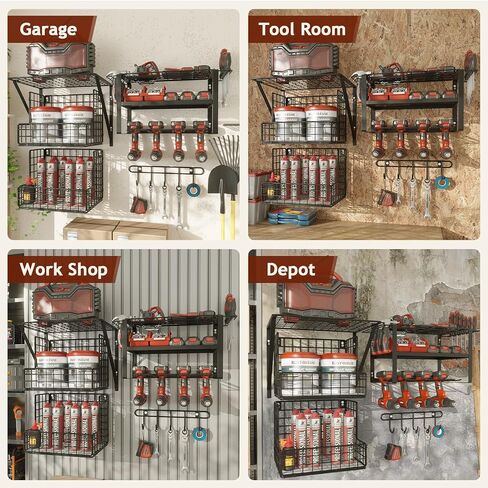 Power Tool Organizer Wall Mount - Multifunctional Garage Organization with Hanging Hooks and Baskets, Wall Shelving Drill Holder, Gift for Man Storage Rack, Black in Kuwait