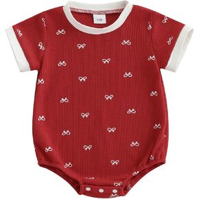 Adobabirl Baby Girl Outfit Newborn Bow Bubble Romper Short Sleeve Waffle Jumpsuit Shirt Infant Cute Summer Clothes