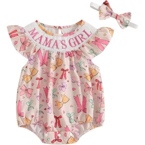 Mamas Girl Baby Girl Outfit Newborn Smocked Romper Bow Print Ruffle Sleeveless Bodysuit Headband Summer Clothes