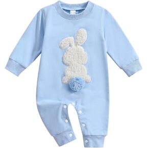 Noubeau Newborn Baby Boys Girls Easter Bunny Romper Jumpsuit - Soft Knit Ribbed One-Piece Outfit with 3D Rabbit Patch