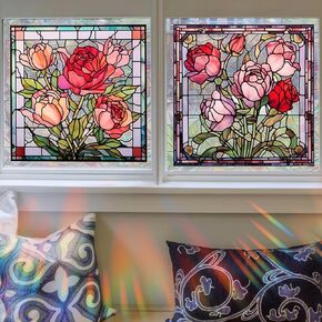 Window Privacy Film, 2 Styles Stained Vintage Rose Flower Decorative Window Film Double Sided Static Glass Window Clings Stickers for Home Office Living Room Bedroom Glass Windows Door Decor