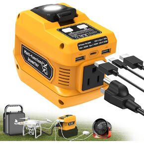 220W Power Inverter for Dewalt 20V Battery, DC 20V to AC 110V Battery Inverter, Portable Power Station Generator with 1 AC Outlet, 2 USB Ports & 1 Type-C Fast Charging, 400LM LED Work Light