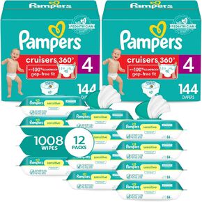 Pampers Pull On Cruisers 360° Fit Disposable Baby Diapers Size 4, 2 Months Supply (2 x 144 Count) with Sensitive Water Based Wipes 12X Multi Pack Pop-Top and Refill (1008 Count)