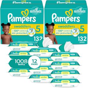 Pampers Swaddlers Disposable Baby Diapers Size 5, 2 Month Supply (2 x 132 Count) with Sensitive Water Based Baby Wipes 12X Multi Pack Pop-Top and Refill (1008 Count)