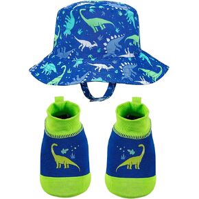 Kids Boys and Girls, Baby Swim Dinoaur Hat and Booties Set, Sun Protection UPF 50+ - Age 0-12 Months