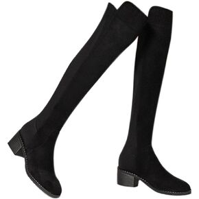 Knee High Boots Womens Fashion Black Chunky Heel Suede Boots