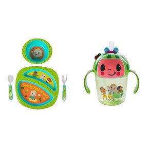 Cocomelon 4-Piece Toddler Dinnerware Feeding Set and 7 Oz Weighted Straw Sippy Cup with Handles for Ages 6 Months and Up