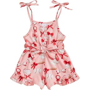 Fernvia Toddler Baby Girl Clothes Overalls Print Sleeveless Tie-up Spaghetti Strap Ruffled Romper with Belt Playsuit 12M-5T
