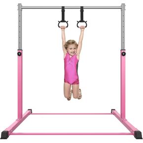 Safly Fun Gymnastics Bar for Kids Ages 3-15 for Home - Steady Steel Construction, Anti-Slip, Easy to Assemble, 3' to 5' Adjustable Height
