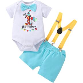 Baby Boy Funny First Birthday Clothes Infant Clothes Cake Smash Outfits Bow Tie Dinosaur Themed Romper Pants Set Suspenders