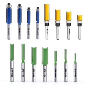 Newdeli 15pcs Router Bit Set 1/4 Inch Shank - 4pcs Top Bearing Flush Trim Router Bits and 4pcs Pattern Flush Trim Router Bits with 7Pcs Straight Cut Router Bits