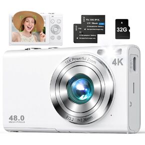 Digital Camera, 4K UHD Autofocus Vlogging Camera for YouTube 48MP Camera for Photography with 32GB Card 2.8" Screen 16X Zoom Anti-Shake, Compact Point and Shoot Camera for Teens Adult Beginner(White)