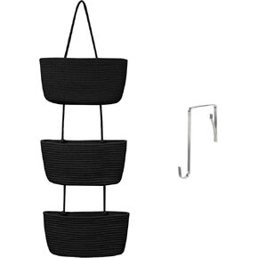 Hanging Baskets for Organizing, 3 Tier Wall Basket, Wicker Hanging Storage Basket, Over the Door Basket for Storage, Cotton Rope Woven Wall Decor, Wall Toy Organizer, Black