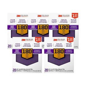 3M Pro Grade Precision Faster Sanding Sheets w/NO-Slip Grip Backing SHCP180-PGP20T, 9 inch x 11 inch, 180 Gr, 20 Sheets/Pack, 5 Pack, 100 Total Sheets