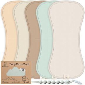 Baby Burp Cloth, 100% Organic Cotton, 5 Pack w/Pacifier Clip, Gift Box, Extra Absorbent & Soft, Boys & Girls, Baby Essentials Large Burping Cloths for Newborn Registry, 21"x10"