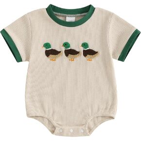 Newborn Baby Boy Summer Clothes Mallard Duck Embroidery Romper Short Sleeve Waffle Jumpsuit Bodysuit Outfit