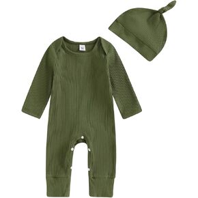 Murnouche Newborn Baby Boy Clothes Coming Home Outfit Solid Ribbed Romper with Hat Bodysuit Jumpsuit