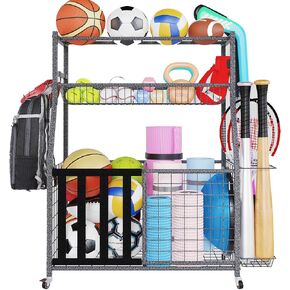 HOMREST Sports Equipment Storage, Ball Storage, Ball Holder, Garage Sports Organizer with Basket and Hooks, Rolling Sports Ball Storage with Wheels for Toy Sports Gear Storage, Black