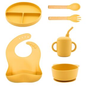 Silicone Baby Feeding Set 6 Pcs, Baby Led Weaning Supplies, Baby Feeding EatincSupplies Set BPA Free, Baby Essentialsfor Newborn Gift Yellow