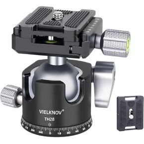 Low Profile Camera Tripod Ball Head 28mm Tripod Ball Head VIELKNOV 360 Panoramic Tripod Head, CNC Aluminium Alloy Tripod Camera Head for Tripod, with Two 1/4'' Quick Release Plates, Load Capacity-22lb
