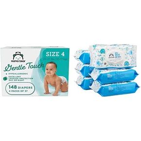 Amazon Brand - Mama Bear Gentle Touch Diapers, Hypoallergenic, Size 4, 148 Count (4 Packs of 37) & 99% Water Baby Wipes Hypoallergenic, Fragrance Free,72 Count (Pack of 6), Shipped Separately