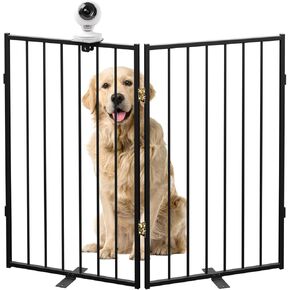 Full Metal Freestanding Dog Gate -2 Panels, Extra Wide Foldable Pet Fence with Pet Monitor Adapter for Indoor/Outdoor, 32'' Height Tall Dog Gate or Baby Gate for Doorways, Stairs, Hallways, Yard