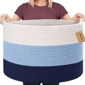 Extra Large Storage Basket, 22" X 22" X 14" Blanket Basket Living Room, Kids Toy Box Organizer, Woven Cotton Rope Baskets for Storage, Soft Dog Toy Bin, Wicker Pillow Blanket Holder