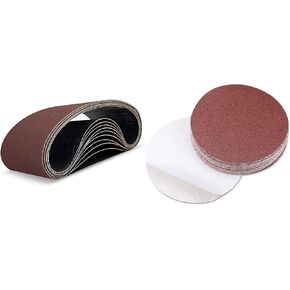 10 Pcs 6 x 48 Inch Assorted Aluminum Oxide Sanding Belts and 30 Pcs 9 Inch Assorted PSA Aluminum Oxide Sanding Discs