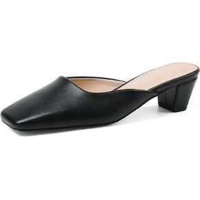 Women's Black Mules Chunky Kitten Heels Closed Square Toe Slip On Slingback Casual Dress Shoes