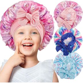 3 Pcs Kids Bonnets for Girls,Soft Silk Bonnet for Kids,Satin Hair Bonnets Child Sleeping Cap,Breathable Toddler Bonnet with Tie Bands for Teens Toddler Curly Natural Hair,(Rainbow+Pastel+Blue)