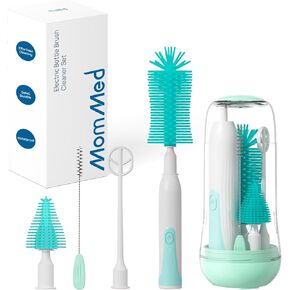MomMed Electric Bottle Brush, Electric Baby Bottle Brush Set with Silicone Bottle/Pacifier/Straw Brush and Mixing Head, Waterproof Bottle Cleaner Brush with Drying Rack, 2 Modes & 360° Rotation