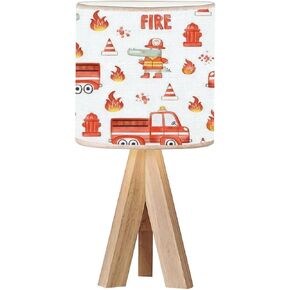 Tripod Bedside Desk Table Lamp Watercolor Hand Drawn Seamless Childish Cute Firetrucks Flame Wood Nightstand Lamp with Linen Fabric Shade for Nursery Bedroom Living Room Kids Room