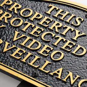 Video Surveillance Signs, Home Security Camera - Thick and Sturdy Cast Material, Embossed Letters,11.5"×7.5" Heavy Duty Statement Plaque with 31.5" Stakes and Upgraded Stainless Screws