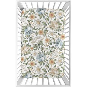 Sweet Jojo Designs Vintage Floral Blue Yellow Girl Fitted Mini Crib Sheet Baby Nursery for Portable Crib - Slate Green Gold Orange Taupe Beige Shabby Chic Rose Flower Boho Bohemian Farmhouse Roses