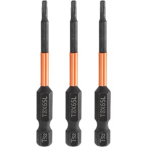HARFINGTON 3pcs T27 Torx Head Screwdriver Bit 2.56" (65mm) Long 1/4" Hex Shank Magnetic No Hole Tamper Proof 6 Point Star Screw Driver Drill Bits Phosphate S2 Steel Industrial Power Tools