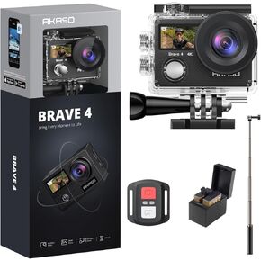 AKASO Brave 4 4K30fps 20MP WiFi Action Camera with EIS 131ft Waterproof Camera with 2 Batteries and Bicycle Helmet Accessories with 60cm Selfie Stick Tripod Bundle