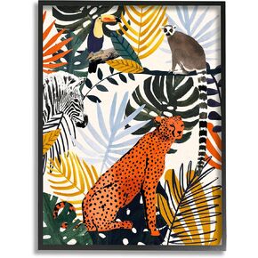 Stupell Industries Bold Jungle Animal Collage Vibrant Palm Leaf Shapes, Design by Victoria Borges Black Framed Wall Art, 16 x 20, Orange
