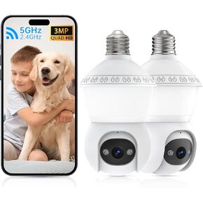 Light Bulb Security Camera Wireless Outdoor/Indoor,5G& 2.4G Light Bulb Camera,3MP& 360° PTZ Bulb Security Camera For Home ,Color Night Vision, AI Human Detection & Alarm, 2-Way Audio, Cloud Storage