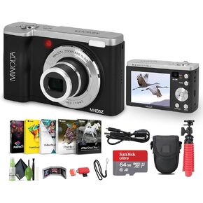 Minolta MNB5Z 56MP Dual Lens Point & Shoot Digital Camera with 5X Optical Zoom & 5K Ultra HD Video Bundle with 64GB Memory Card + Vlogger Tripod + Bag + Cleaning Kit + More Accessories (Black)