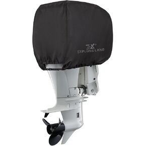 Explore Land Outboard Motor Cover - Waterproof 600D Heavy Duty Boat Engine Hood Covers - Fit for Motor 115-225 HP, Black