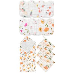 Zainpe 6Pcs Snap Muslin Cotton Bibs & 4Pcs Muslin Hooded Towel & Washcloth Set for Baby, Gifts for Newborn Toddler Boys Girls Feeding Teething