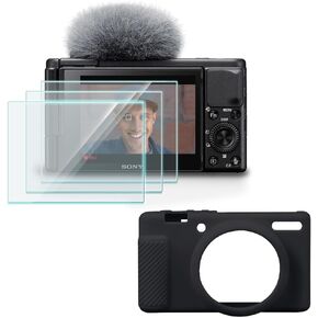Screen Protector Compatible for Sony Alpha ZV E10 Vlog Camera,Tempered Glass Film Anti Scratch High Definition and Soft Silicone Case for ZVE10 Camera
