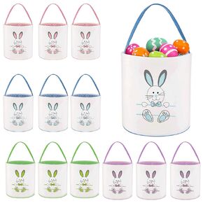 12 Pcs Easter Bunny Basket Egg Bags for Kids Canvas Empty Tote Bags Personalized Bunny Print Buckets for Candy Presents and Eggs Hunt Bag Toys Bucket Boys Girls