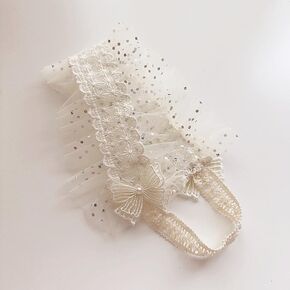Baby Girls Lace Headband Soft Elastic Lace Flower Headbands with Pearl Bowknot Handmade HairBand Wide Wrap Hair Accessory for Newborn Infant Toddler Kids Birthday Party (Sequins, Universal)