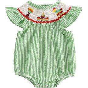 Karuedoo Newborn Baby Girl Cinco De Mayo Outfit Embroidery Stripe Flutter Sleeve Smocked Bubble Romper Mexican Fiesta Outfit