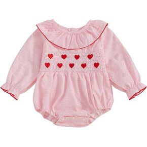 My First Valentines Baby Girl Outfit Newborn Heart Smocked Bubble Romper Bodysuit Cute Valentines Spring Clothes