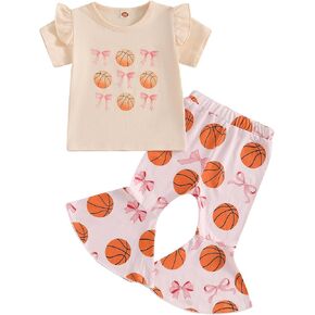 Kids Toddler Girl Summer Outfits Basketball Bow Print Short Sleeve T-Shirt Flared Pants Set Cute 2Pcs Clothes