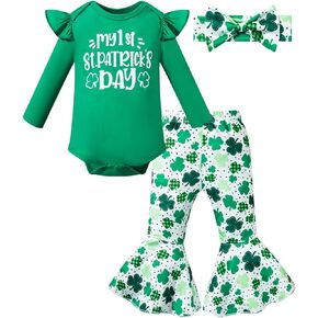 Infant Baby Girl My First St.Patrick's Day Outfit Ruffle Romper Flared Pants with Headband