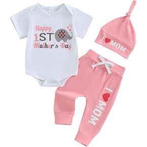 Gueuusu Mother’s Day Baby Boy Girl Outfit Dinosaur/Elephant Short Sleeve Romper Pants Hat Set Newborn Love Mom Clothes